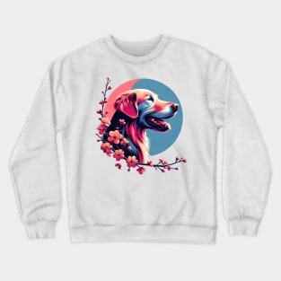 Joyful Flat-Coated Retriever with Spring Cherry Blossoms Crewneck Sweatshirt